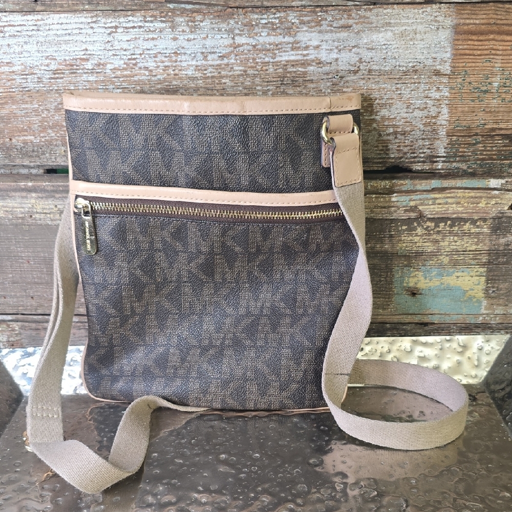 Michael Kors Brown Monogram Crossbody with Tan Trim